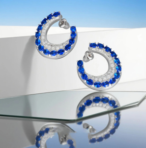 Boucles d'oreilles créoles de luxe en saphir bleu pour femme, plaquées or blanc, avec pierre précieuse ovale et pavé de diamants, bijoux de mariage - Product Image 2