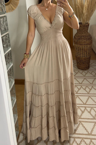 Elegant Beige Boho <b>Maxi</b> <b>Dress</b> Flare <b>Sleeve</b> Natural Waist V Neck Tiered Long <b>Summer</b> Resort Wear Washable Women's <b>Dress</b> - Product Image 5