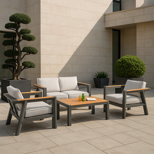 Ensemble <span class=keywords><strong>de</strong></span> meubles <span class=keywords><strong>de</strong></span> patio extérieur en métal moderne, ensemble <span class=keywords><strong>de</strong></span> canapé <span class=keywords><strong>de</strong></span> <span class=keywords><strong>jardin</strong></span> 4 pièces, accoudoirs aspect <span class=keywords><strong>bois</strong></span>, table basse, écologique, antirouille - Product Image 1