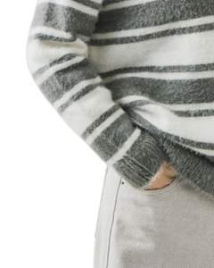 Customized Grey <b>White</b> Striped Women V Neck Knit Sweater Soft Fuzzy Fabric <b>Long</b> Sleeve Winter Casual Pullover Fashion Top - Product Image 6