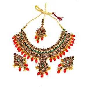 Ensemble de collier Meenakari de luxe plaqué or 18 carats, rouge, non taillé, Dibbi Kundan, pour mariage, occasions inspirées du vintage, bijoux de mariée - Product Image 5