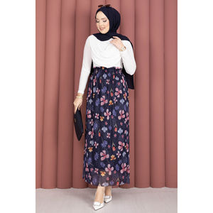 Jupe en tulle bleu marine à fleurs de style bohème avec taille élastique et décorations imprimées en mousseline douce - pour femmes - Product Image 3