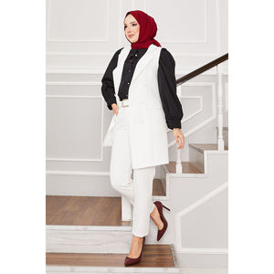 Conjunto de Pantalones y Chaleco Largo Color Crudo para Mujer, Blazer con Cuello de Pañuelo, Doble Botonadura, Decoración Casual, Estilo Elegante para Verano y Otoño - Product Image 3