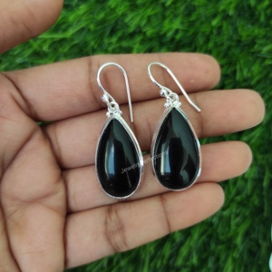 Boucles d'oreilles fines en argent sterling 925 boucles d'oreilles pendantes en onyx noir plaqué or accessoire de fête de mariage pour les femmes - Product Image 2