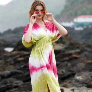 Verano largo mujer Sexy Tie Dye playa media manga mujeres Maxi vestido 100% tela de rayón Casual vestido de talla grande para mujer - Product Image 2