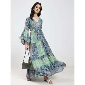 Robe maxi imprimée bleu-vert pour femmes, col en V profond, robe longue bohème avec manches cloche - Product Image 2