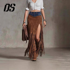 <span class=keywords><strong>Falda</strong></span> Maxi <span class=keywords><strong>de</strong></span> Gamuza Estilo DS - Cintura con Paneles <span class=keywords><strong>de</strong></span> Mezclilla, Abertura Alta con Flecos, Atuendo Vintage Occidental - Product Image 6