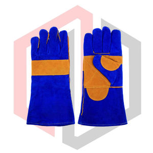 ถุงมือหนังสีน้ำเงินสำหรับงานเชื่อม  บุด้วยวัสดุเสริมความแข็งแรงสีน้ำตาลบริเวณฝ่ามือ ทนความร้อน ทนไฟ ป้องกันไฟฟ้าสถิต น้ำหนัก 11 ออนซ์ ยาว 14 นิ้ว ปราศจากซิลิโคนและแป้ง - Product Image 1