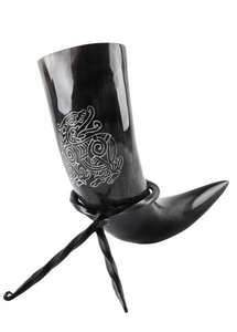 Natural Viking <b>Drinking</b> <b>Horn</b> with Carved Antique Style Polished Animal Design and Iron Stand From India - Product Image 6