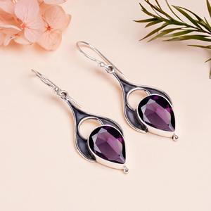 Boucles d'oreilles de style bohème plaqué argent sterling 925 à la mode améthyste Quartz pierres précieuses pierre naturelle lunette anniversaire approvisionnement - Product Image 2