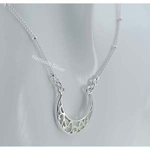 Handmade Dainty <b>Silver</b> Moon Pendant <b>Necklace</b> Filigree Design Minimalist Jewelry Featuring Pearl Valentine's Love Gift Made - Product Image 4