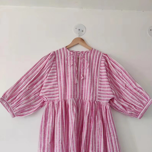 Mini vestido informal de verano Handloom estampado floral rayas cuello profundo con cuerda más cerca vestido largo Midi tamaño - Product Image 1