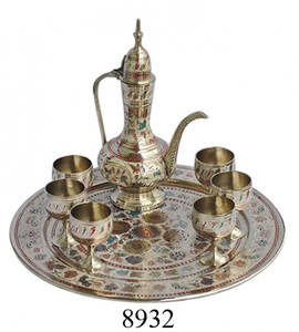 Service à vin arabe en laiton, artisanat artisanal avec plateau et verre, 4 pièces - Product Image 5