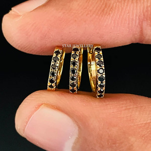 14K Solid <b>Gold</b> Natural Black Diamond Clicker <b>Hoop</b> Ring Fine Jewelry. - Product Image 1