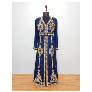 Kaftan marroquí de lujo para mujer azul marino y oro bordado modesto moda islámica Georgette vestido transpirable hecho indio - Product Image 1