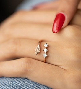 New Arrival Solid 925 <b>Sterling</b> <b>Silver</b> 18k Gold Vermeil CZ Prong Setting Leaf Design <b>Adjustable</b> <b>Ring</b> For Women Nature Jewelry - Product Image 6