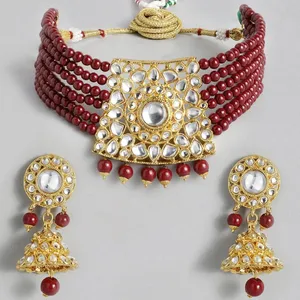 Colar de flores Meenakari Kundan Brincos de diamante Polki joia semipreciosa com pedras preciosas vermelho escuro colar de dama de honra