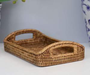 Bandeja de servicio de yute de ratán decorativa hecha a mano con acabado de incrustaciones de hueso Juego de 3 bandejas de servidor de alimentos de forma redondeada - Product Image 3