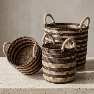 Ensemble de paniers de rangement en jonc de mer naturel, rayé marron beige, avec poignée en arche cylindrique, pot de fleurs, organisateur, décoration d'intérieur, Pure Art - Product Image 3