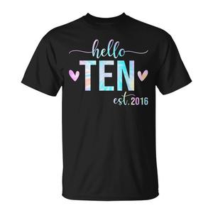 T-shirt per il 10° compleanno Hello Ten Est 2016 per ragazze e ragazzi, abbigliamento promozionale personalizzabile per bambini di 10 anni - Product Image 1