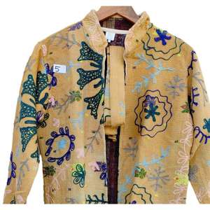 Jacket Vintage Suzani Embroidered Kantha Cotton Long <b>Pockets</b> Floral Pattern Autumn/Winter/Spring Reversible Eco-Friendly - Product Image 2