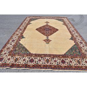 พรมตุรกีวินเทจ ขนาด 9.1x12.6 ฟุต สีเบจ-น้ำเงิน ลายต้นไม้และพืช พรมทำจากขนสัตว์ - Product Image 1