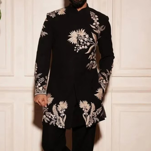 ELEGANT-BEAUTIFUL GROOM <b>BLACK</b> SHERWANI & <b>PANT</b> WITH EMBELLISHED CRYSTAL GLASS BEADS,DABKA. KASAB EMBROIDERY <b>WORK</b> for WEDDING=2025 - Product Image 1