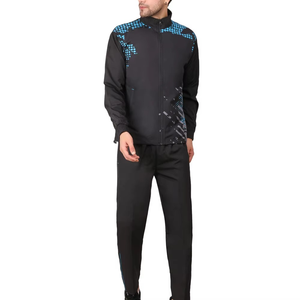 Ensemble de survêtement noir et bleu personnalisé pour hommes, veste et pantalon zippés, tenue deux pièces, vêtements de sport pour entraînement athlétique, vente en gros à la mode - Product Image 5