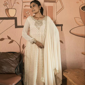 Tacto moderno Cintura natural Ecológico Faux Georgette Slim Fit Vestidos casuales Vestido Anarkali de mujer de alta calidad - Product Image 1