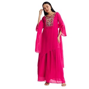 Traje Palazzo asimétrico de Chinon rosa con bordado, venta al por mayor de Ropa Étnica para mujer, proveedor de fábrica de ropa OEM, atuendo personalizado - Product Image 4