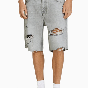 Pantalones cortos de mezclilla rasgados ajustados para hombre, pantalones grises transpirables con diseño holgado de fondo crudo, patrón sólido, servicio OEM disponible - Product Image 1