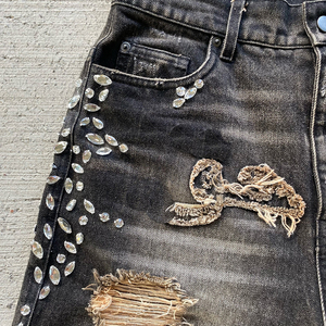 Short en jean surdimensionné délavé à l'acide personnalisé pour hommes Y2K Vintage Streetwear Broderie en strass Respirant Été Décontracté - Product Image 6