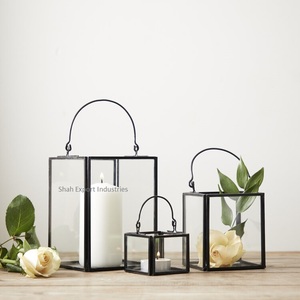 Black Metal Frame Square Glass Candle <b>Lanterns</b> for Home Wedding & Christmas Lighting Elegant Hanging Decoration Sets - Product Image 1