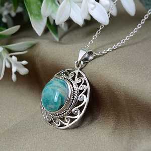 <b>Boho</b> Amazonite <b>Necklace</b> Ethnic Brass Jewelry Women Silver Plated Filigree Pendant Tribal Circle Wholesale - Product Image 4