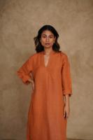 Luxe lin col en V à manches longues couleur unie fente latérale femmes robe mi-longue Vintage été nouveautés lâche col en v robe en lin