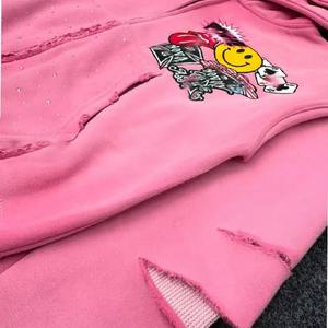 Ensemble de survêtement deux pièces en molleton de coton épais pour homme, style vintage délavé, coupe oversize, effet soleil décoloré, multicolore, avec strass - Product Image 2