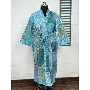 Chaqueta Reversible de Algodón Kantha para Mujer, Color Verde Pastel, Estilo Bohemio con Estampado de Mono, Kimono Tejido, Abrigo Largo - Product Image 1