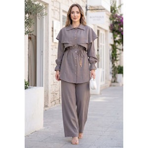 Ensemble pantalon et tunique boutonnée style cape décontracté pour femme, coupe ample en tissu crêpe, couleur pierre foncée, idéal pour le bureau, printemps/été/automne - Product Image 1