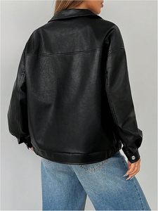 Chaqueta de piel sintética con cremallera para mujer, abrigo de manga larga con hombros caídos - Product Image 6