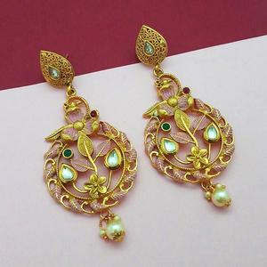 Nikita Arts Boucles d'oreilles pendantes en cuivre mat Meenakari plaqué or 1313119D Boucles d'oreilles manchette en pierre fine et rose - Product Image 1