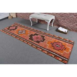 Alfombra Turca Vintage de Lana Naranja Herki, 2.8x8.9 pies - Product Image 2