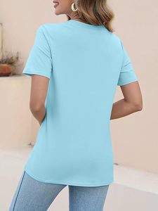 T-shirts à blocs de couleurs écologiques pour femmes anti-boulochage décontracté été hauts à manches courtes avec décoration de broderie - Product Image 2