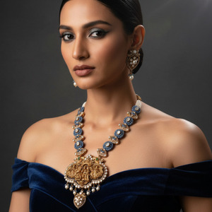 Collier de temple Majestic Ram Parivar Nakshi en argent 925 avec saphirs Polki et perles, collier de mariée sacré Gajaah - Product Image 1
