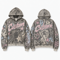 Sweat-shirts à capuche personnalisés de haute qualité en coton vieilli délavé à l'acide, avec broderie, fermeture éclair, strass et design épaules tombantes