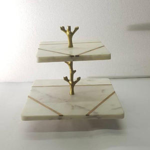 Plateau de présentation de gâteaux personnalisé Assiette de présentation de collations Impressions en bois d'acacia et métal émaillé 2 niveaux Écologique Fait à la main Moderne - Product Image 3