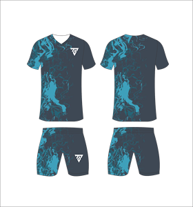 Custom sublimated soccer uniform <b>set</b> for men with dark charcoal and cyan <b>paint</b> splatter print jersey and matching shorts - Product Image 4