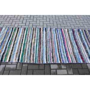 Alfombra de 3.2x9.4 pies, Alfombra Turca Vintage, Alfombra de Lana a Rayas Azul Verde - Product Image 3