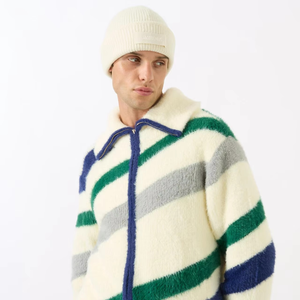 Cardigan en mohair épais et respirant à manches longues, avec logo personnalisé sur le devant, imprimé rayé et fourrure, fermeture éclair, idéal pour l'hiver - Product Image 5