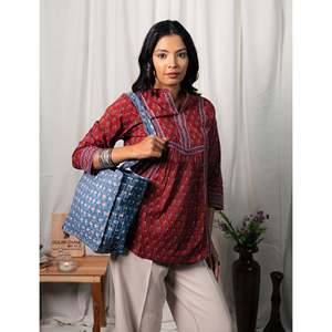 Blusa Roja de Algodón para Mujer, Estampada a Mano, con Decoración de Encaje Bordado, Cuello Asimétrico, Larga, Talla XL - Product Image 5