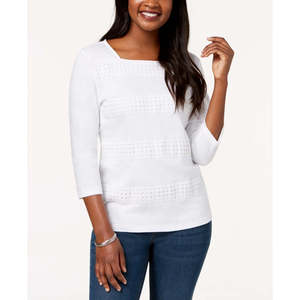 Top Casual da Donna Karen Scott con Scollo Quadrato e Inserti in Pizzo, Taglia Unica, Bianco con Ricamo Floreale in Chiffon Lavorato a Maglia - Product Image 1